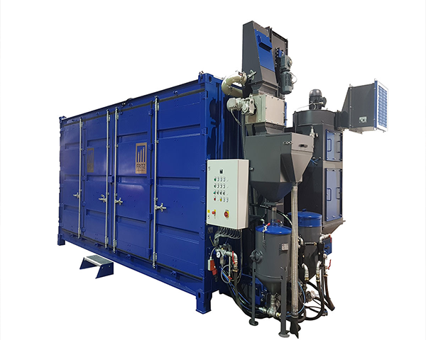 Strahlcontainer 20 Fuß High Cube Side Door mit Trommelmagnetabscheider und elektrischem Rüttelsieb
