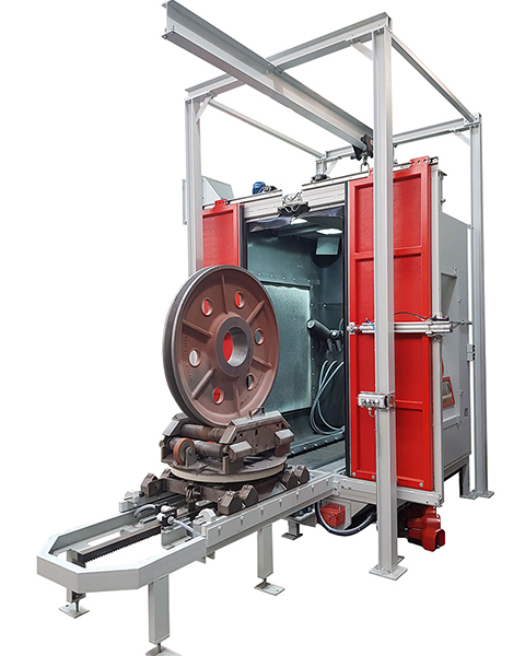 fritz_maschinen_druckstrahlautomaten_werkstueckaufnahme_480x600 Werkstückaufnahme eines Druckstrahlautomaten mit großem rotationssymmetrischem Bauteil